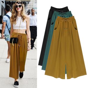 Streetwear Chiffon Damesbroek Caprip met hoge taille brede beenbroek geplooid voor vrouwen broek vrouw broek vrouwelijke plus maat 210519