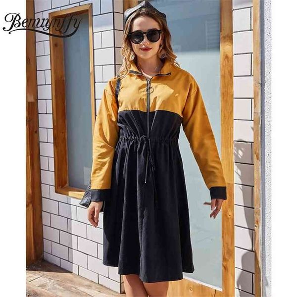 Streetwear Color Block O-Ring Zip Up Midi Vestidos Primavera Mujeres Stand Collar Manga larga Cordón Cintura A-Line Vestido 210510