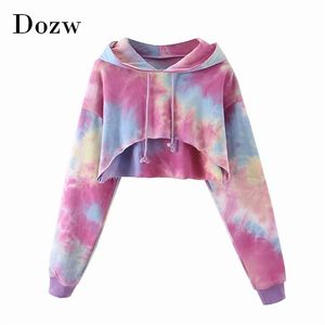 Streetwear Hoodies Colorés Femmes Chauve-Souris À Manches Longues Lâche Sweat À Capuche Cordon Irrégulier Court Dame 210515