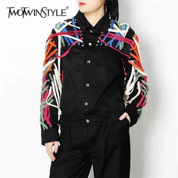 Streetwear Cross Bandage Jacket For Women Risvolto manica lunga Hit Color Giacche casual Abbigliamento moda femminile 210524