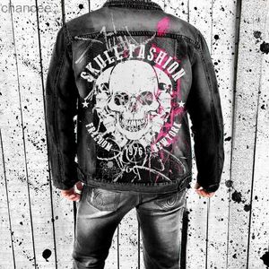 Streetwear Denim Coats for Men Y2K Style Skull Printing Slim Long Sleeve Jean Jackets Men's Clothing Vintage Outerwear HKD230815