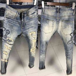 Streetwear Denim Punk Broek Patch Designer Mode Heren Jeans Retro Geel Blauw Vernietigde Gescheurde Hip Hop Slanke Broek