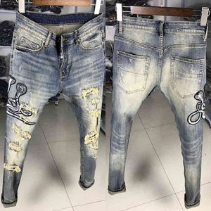 Streetwear Denim Punk Broek Patch Designer Mode Heren Jeans Retro Geel Blauw Vernietigde Gescheurde Hip Hop Slanke Broek