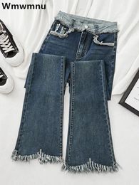 Streetwear Design Raw Edge Flare Jeans Femmes coréen Vintage Skinny Vaqueros Casual High Stretch Stretch Denim Pants Bellbottoms 240307