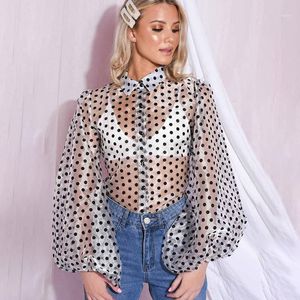 Streetwear Dots Imprimer Blouse Femmes 2021 Sexy Mesh Voir à travers les chemises d'été à manches longues Boutons Dames Tops Blusas Mujer Women's Blo