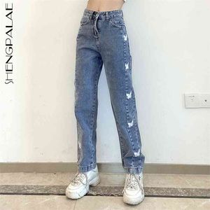 Streetwear Broderie Papillon Jeans Femmes Printemps Taille Haute Lâche Droite Denim Pantalon Femme Marée 5C754 210427