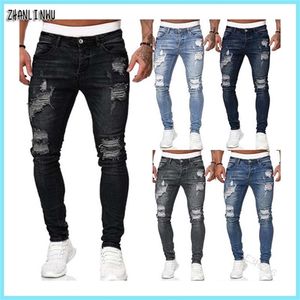 Streetwear Mode Noir Déchiré Jeans Hommes Maigre Slim Fit Bleu Hip Hop Denim Pantalon Casual Jeans pour Hommes Jogging jean homme 220606