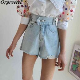 Streetwear Fashion Chic Ripped Edges Denim Shorts Femmes Double Bouton Light Blue Summer Femme Jeans 210722