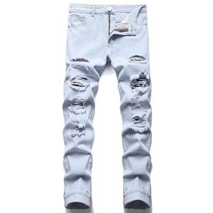 Streetwear mode bleu clair déchiré jean hommes maigre coupe ajustée Hip Hop Denim pantalon droit décontracté nostalgique pantalon pantalons