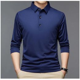 Streetwear Mode Mannen Effen Polo Shirts Lente Herfst T-shirt Koreaanse Lange Mouw Revers Dunne Mannelijke Kleding Business Tops 2023 240123