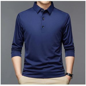Streetwear mode hommes polos solides printemps automne T-Shirt coréen à manches longues revers mince mâle vêtements affaires hauts 240117