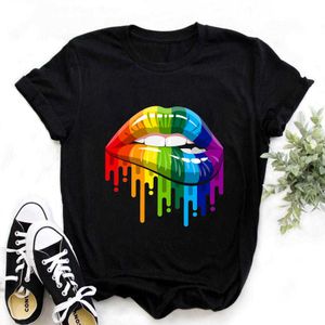 Streetwear Femme T-shirt noir Rainbow Lip et Butterfly Print Harajuku Femmes Summer T-shirts pour femmes Tops Y0629