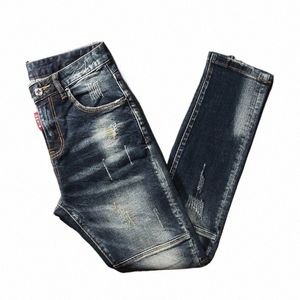 Streetwear Fi Hombres Jeans Retro Negro Azul Elástico Slim Fit Ripped Jeans Hombres Empalmado Diseñador Bordado Hip Hop Denim Pantalones R5IY #