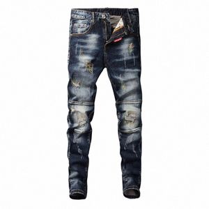 Streetwear Fi Hommes Jeans Rétro Noir Bleu Élastique Slim Fit Ripped Jeans Hommes Épissé Designer Broderie Hip Hop Denim Pantalon K66D #
