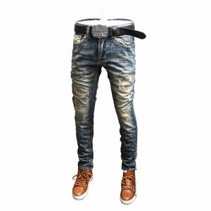 Streetwear Fi Hommes Jeans Rétro Bleu Slim Fit Détruit Ripped Jeans Hommes Patchwork Designer Vintage Casual Denim Pantalon Hombre K2QY #