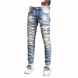 streetwear Fi Heren Jeans Retro Lichtblauw Elastisch Slim Fit Gescheurde Jeans Heren Borduren Designer Vintage Casual Denim Broek z0im #