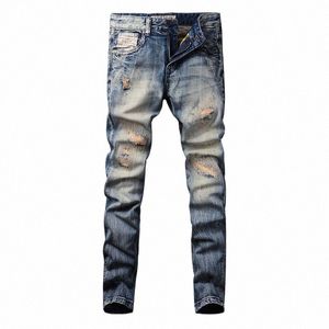 Streetwear Fi hommes jean rétro mer bleu élastique coupe ajustée déchiré jean hommes patché concepteur Vintage Denim pantalon Hombre S65N #