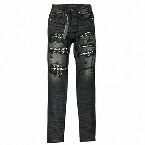 Streetwear Fi Jeans pour hommes Ripped Sequin Design Slim Denim Pantalon Hiphop Style Mâle Stretch Ripped Crayon Pantalon pour hommes X97j #