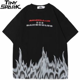 Streetwear Harajuku Mannen Tshirt Hip Hop Brief Fire Flame Print T-shirt Zomer Korte Mouw Katoen Losse T-shirt Tops Tees 210716