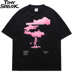 Streetwear Harajuku T-shirt Rose Nuage Hip Hop T-shirt Hommes D'été À Manches Courtes T-Shirt Coton De Mode Noir Tops T-shirts HipHop 220304