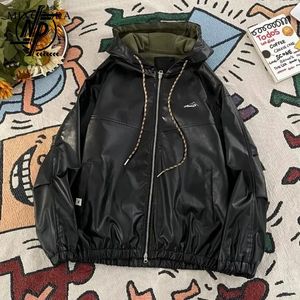 Ropa de calle con capucha para hombre, chaqueta de cuero de PU, abrigo negro Vintage para motocicleta, ropa de béisbol con cremallera japonesa para mujer 240112