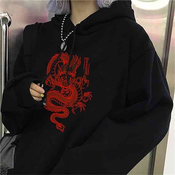 Sudadera con capucha vintage para mujer, Sudadera con capucha con estampado de dragón chino, sudadera holgada de invierno de gran tamaño para mujer, estilo Harajuku hip hop 210803