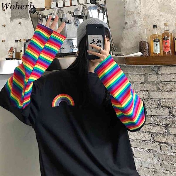 Streetwear giapponese Harajuku T-shirt a righe arcobaleno Donna Patchwork Top Falso 2 pezzi T-shirt Ragazze Tees 210519