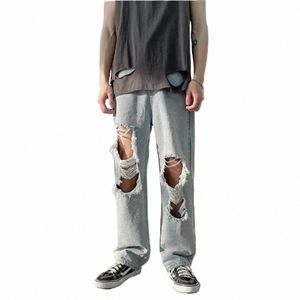 streetwear jean femme baggy pierna ancha denim jeans para hombres hombre pantalones casuales pantalones vaqueros de los hombres agujero rasgado pantalones masculinos para hombre pantal n8D0 #