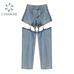 Streetwear Jeans Vrouw Hoge Taille Vintage Mode Patchwork Denim Broek Vrouwelijke Zomer Harajuku Losse Wide Been Broeken 210515
