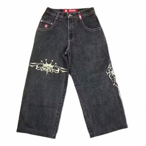 streetwear JNCO Jeans Y2K Harajuku Hip Hop Rétro Graphique Brodé Baggy Jeans Pantalon Noir Hommes Punk Rock Gothique Pantalon Large C5ao #