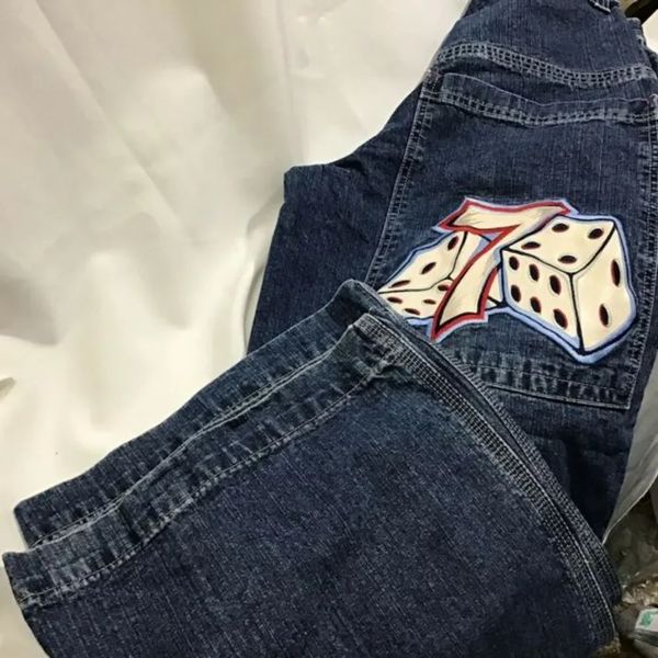 Streetwear jnco jeans y2k hip hop numéro 7 dés graphic brodered rétro bleu bouffon baggy mens mens élevé pantalon large taille 240409