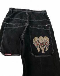 streetwear JNCO Jeans Y2K Hip Hop Rétro Crâne Brodé Baggy Jeans Pantalon Noir Hommes Punk Rock Taille Haute Pantalon Large m6PO #