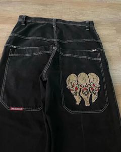 Streetwear JNCO Jeans Y2K Hip Hop Rétro Crâne Brodé Baggy Jeans Pantalon Noir Hommes Punk Rock Taille Haute Pantalon Large 240115