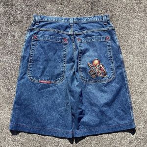 Streetwear jnco shorts y2k pantalon hip hop crâne graphique rétro jeans baggy bleu denim gym basketball 240426