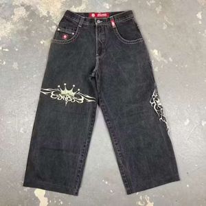 Streetwear JNCO Y2K Haruku Hip Hop Retro Grafische Geborduurde Baggy Jeans Zwarte Broek Heren Punk Rock Gothic Brede Broek