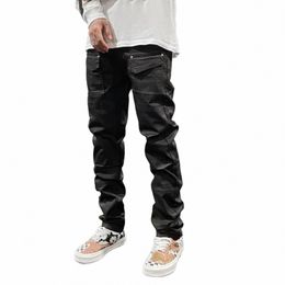 streetwear Kanye Slim Fit Voeten Gecoate Zwarte Jeans Broek voor Mannen Zak Geborstelde Wax Tapered Broek Man Casual Cargo Jeans Y2k L9i3 #