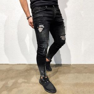 Streetwear knie gescheurde skinny jeans voor mannen hiphop mode vernietigd gat broek effen kleur mannelijke stretch denim broek x0621