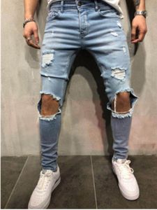 Streetwear knie scheurde skinny jeans voor mannen mode vernietigde broek vaste kleur mannelijke stretch denim broek jesb