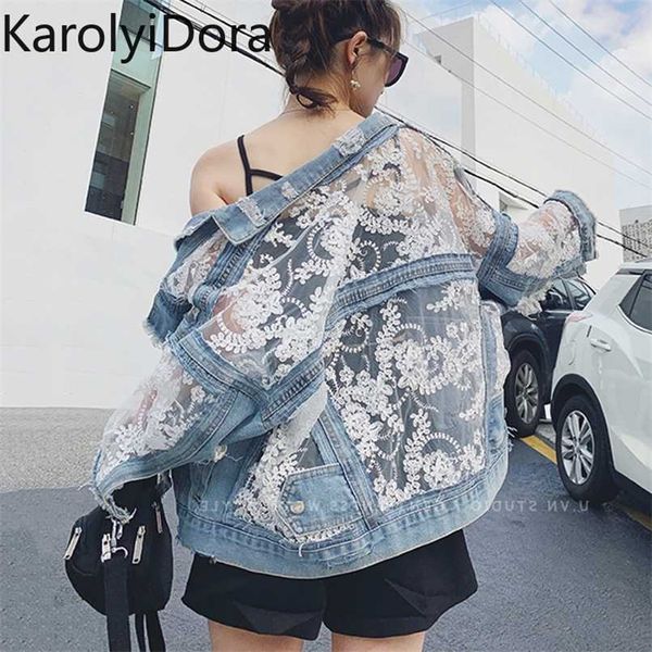 Streetwear dentelle patchwork jean trou denim veste manteau femmes surdimensionné manches longues perspective fleur broderie lâche pardessus 211014