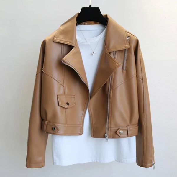 Veste en cuir pour femmes, Streetwear, mode printemps-automne, fermeture éclair, motard moto, Faux manteaux dames marron PU vêtements d'extérieur 240125