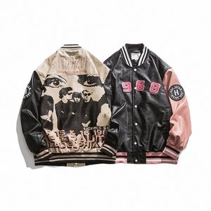 Streetwear letra bordada motocicleta PU chaqueta de cuero de los hombres de béisbol bombardero abrigo unisex de las mujeres de gran tamaño Varsity Vintage Chic r3A3 #