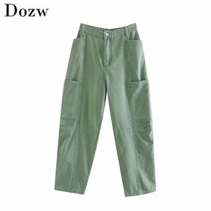 Streetwear Loose Mom Jeans Mujeres Novio Bolsillos Pantalones cargo Moda Cintura alta Pantalones de mezclilla verde Bottoms 210515