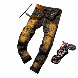 Streetwear hommes jean trous rétro mince droite déchiré jean Fi pleine longueur Denim pantalon décontracté tendance Moto Biker pantalon q635 #