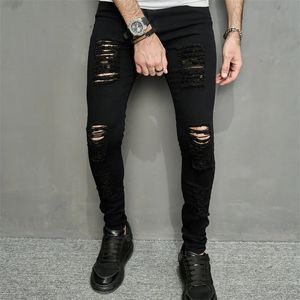 Streetwear hommes élégant trous noir jean moulant mâle printemps Jogging décontracté crayon Denim pantalon hommes pantalon 240226
