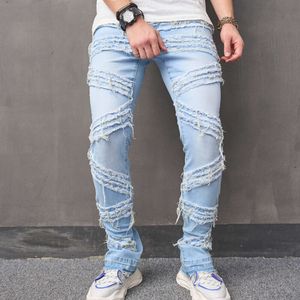 Streetwear hommes élégant épissé mince Biker jean pantalon Hip Hop empilé mâle solide Jogging droit Denim pantalon