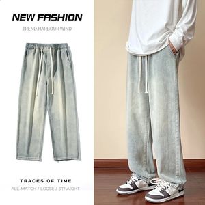 Streetwear hommes taille élastique jambe large Baggy jean mode coréenne automne rétro surdimensionné mâle cordon conception pantalon 240130