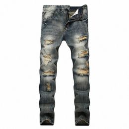 Streetwear Jeans para hombre Pantalones de mezclilla rasgados Agujero arruinado Nueva marca famosa Biker Jeans de parche recto de alta calidad Tallas grandes W6Os #