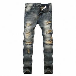 Streetwear Jeans para hombre Pantalones de mezclilla rasgados Agujero arruinado Nueva marca Biker Parche recto de alta calidad Tallas grandes 40 42 M2fI #