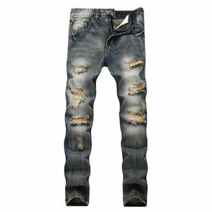 Streetwear Hommes Jeans Ripped Denim Pantalon Trou Ruiné Nouvelle Marque Célèbre Biker Haute Qualité Patch Droit Jeans Plus Taille W6Os #