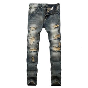 Streetwear Mens Jeans scheurde denim broek gat geruïneerd merk fietser hoogwaardige rechte patch plus maten 40 42 240417